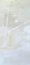 Load image into Gallery viewer, A white on white abstract painting. Within the painting are words and marks. This is showing a close up view of the painting.
