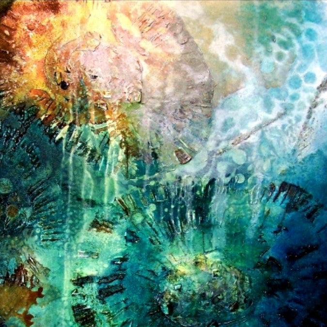 Detailed view of a multi-coloured painting of an ocean pool.