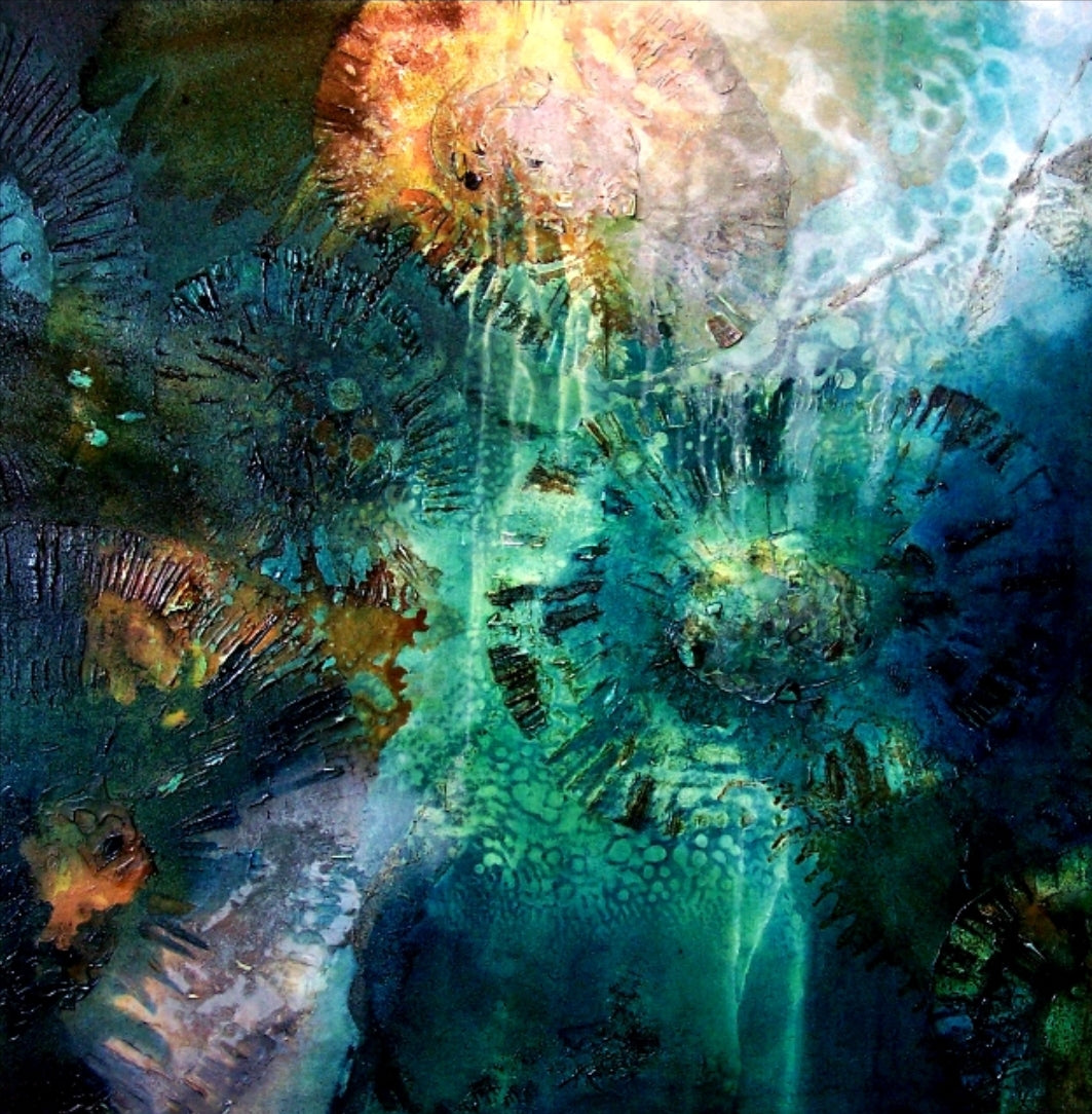 Multi-coloured painting of an ocean pool.