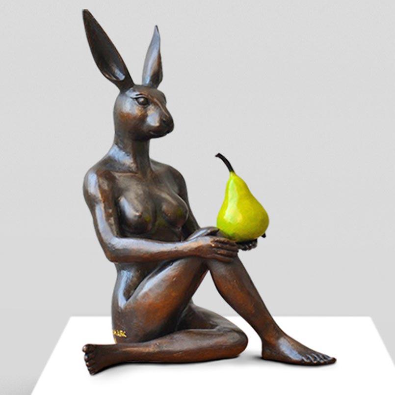 Gillie and Marc, Rabbitwoman thought a pear in the hand is worth two in the bush, Bronze w/green patina sculpture #5/15