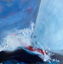 Load image into Gallery viewer, Sailing boat with a pale blue sail and a red hull against a blue sky and a deep blue ocean.

