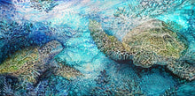 Load image into Gallery viewer, Original artwork of green sea turtles swimming in the ocean. Calming soothing colours in this painting in shades of blue, turquoise, aqua and green.
