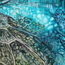 Load image into Gallery viewer, Detail of original artwork showing green sea turtles swimming in the ocean. Calming soothing colours in this painting in shades of blue, turquoise, aqua and green.
