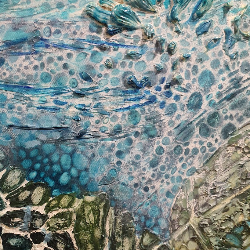 Detail view of original painting of green sea turtles.