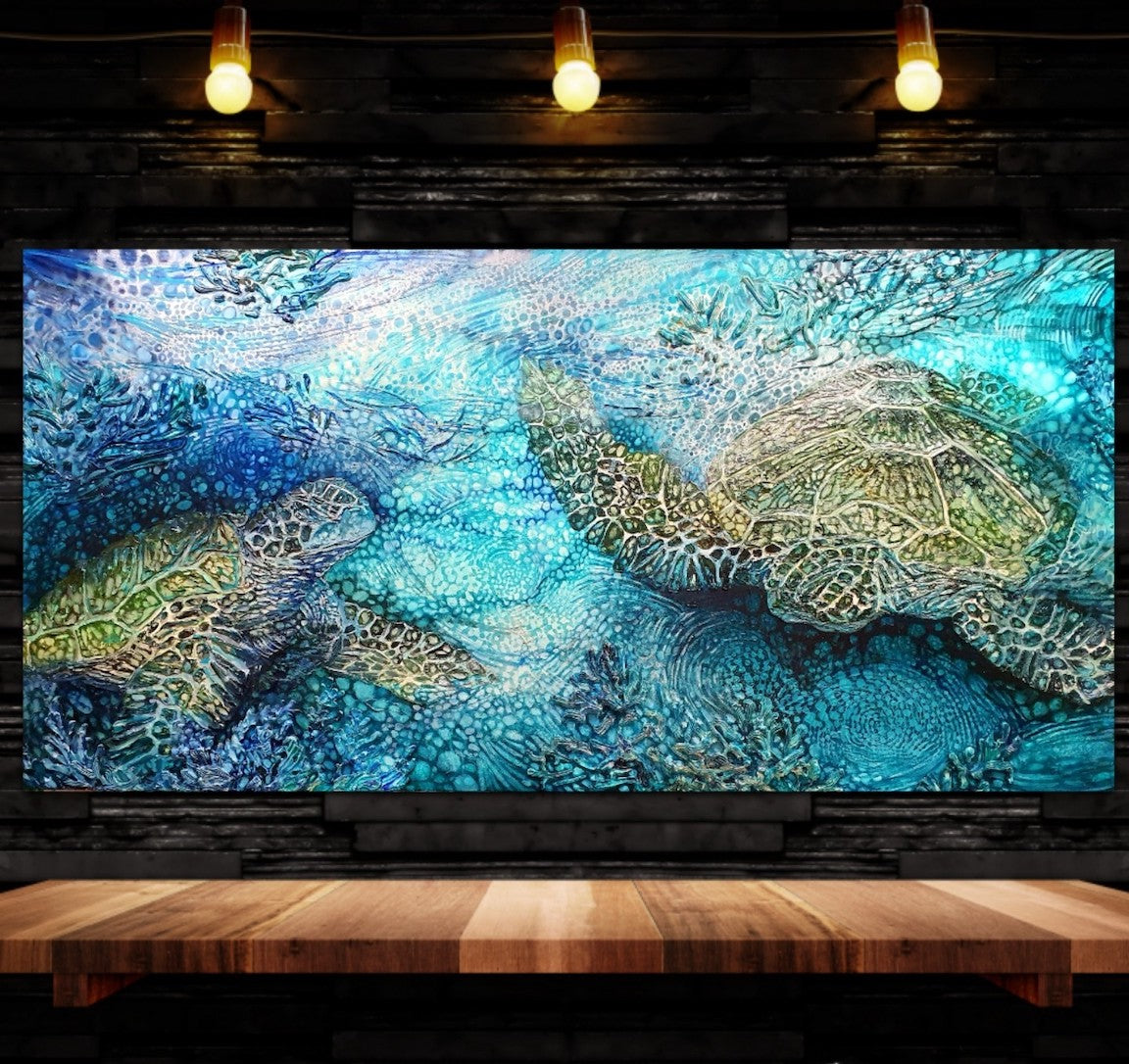 Large original artwork of green sea turtles swimming in the ocean. Shown in situ against a black wall.