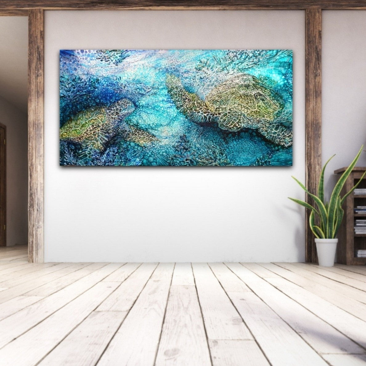 Green sea turtle painting in situ in a living room.