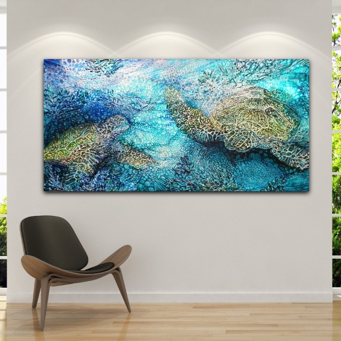 Sea turtle painting in shades of blue, aqua, turquoise and green. Shown in situ in a sitting room.