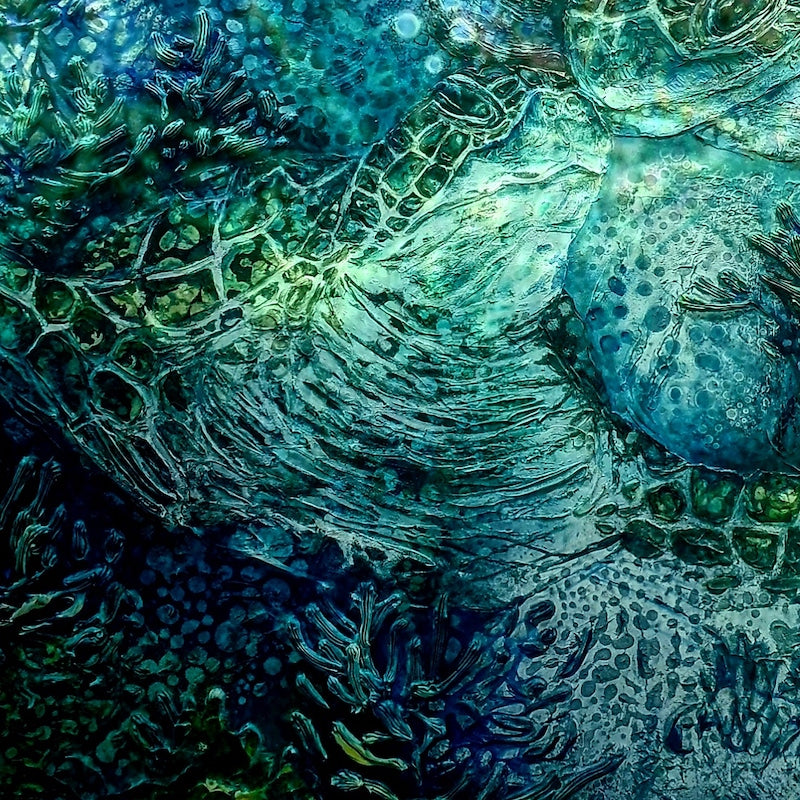 Moonlight shining underwater on periwinkles and rocks, painted in shades of blue, aqua, turquoise and ochre. Detail view 10.
