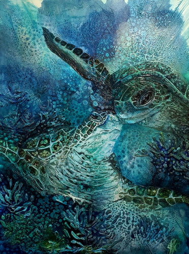 Underwater creatures with sunlight shining through the water. Oil painting in shades of blue, aqua and turquoise.