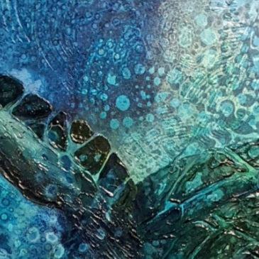 Underwater creatures with sunlight shining through the water. Oil painting in shades of blue, aqua and turquoise. Detail view.
