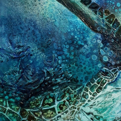 Underwater creatures with sunlight shining through the water. Oil painting in shades of blue, aqua and turquoise. Detail view 2.