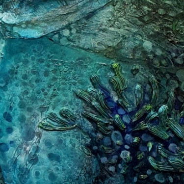 Underwater creatures with sunlight shining through the water. Oil painting in shades of blue, aqua and turquoise. Detail view 3.