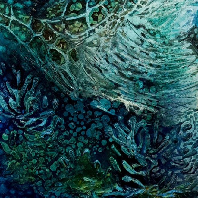 Underwater creatures with sunlight shining through the water. Oil painting in shades of blue, aqua and turquoise. Detail view 4.