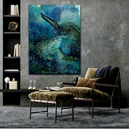 Underwater creatures with sunlight shining through the water. Oil painting in shades of blue, aqua and turquoise. In situ on a grey wall.