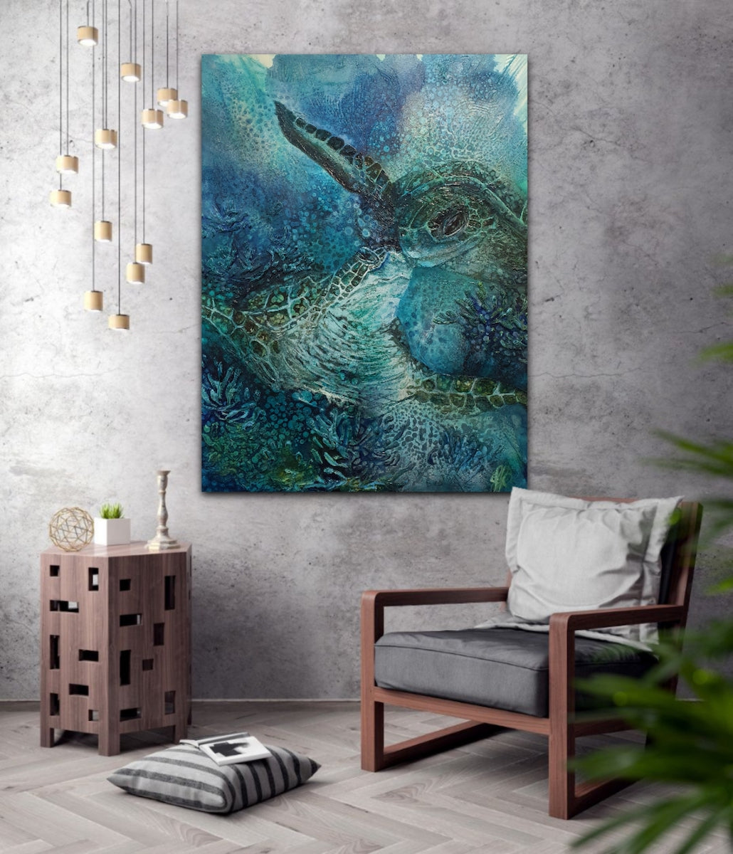 Underwater creatures with sunlight shining through the water. Oil painting in shades of blue, aqua and turquoise. Shown on a grey sitting room wall.