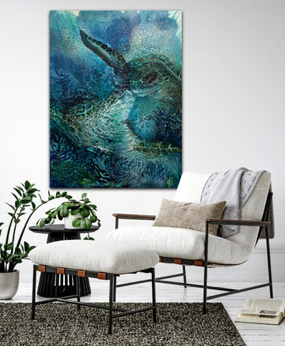 Underwater creatures with sunlight shining through the water. Oil painting in shades of blue, aqua and turquoise. Shown on a white wall.