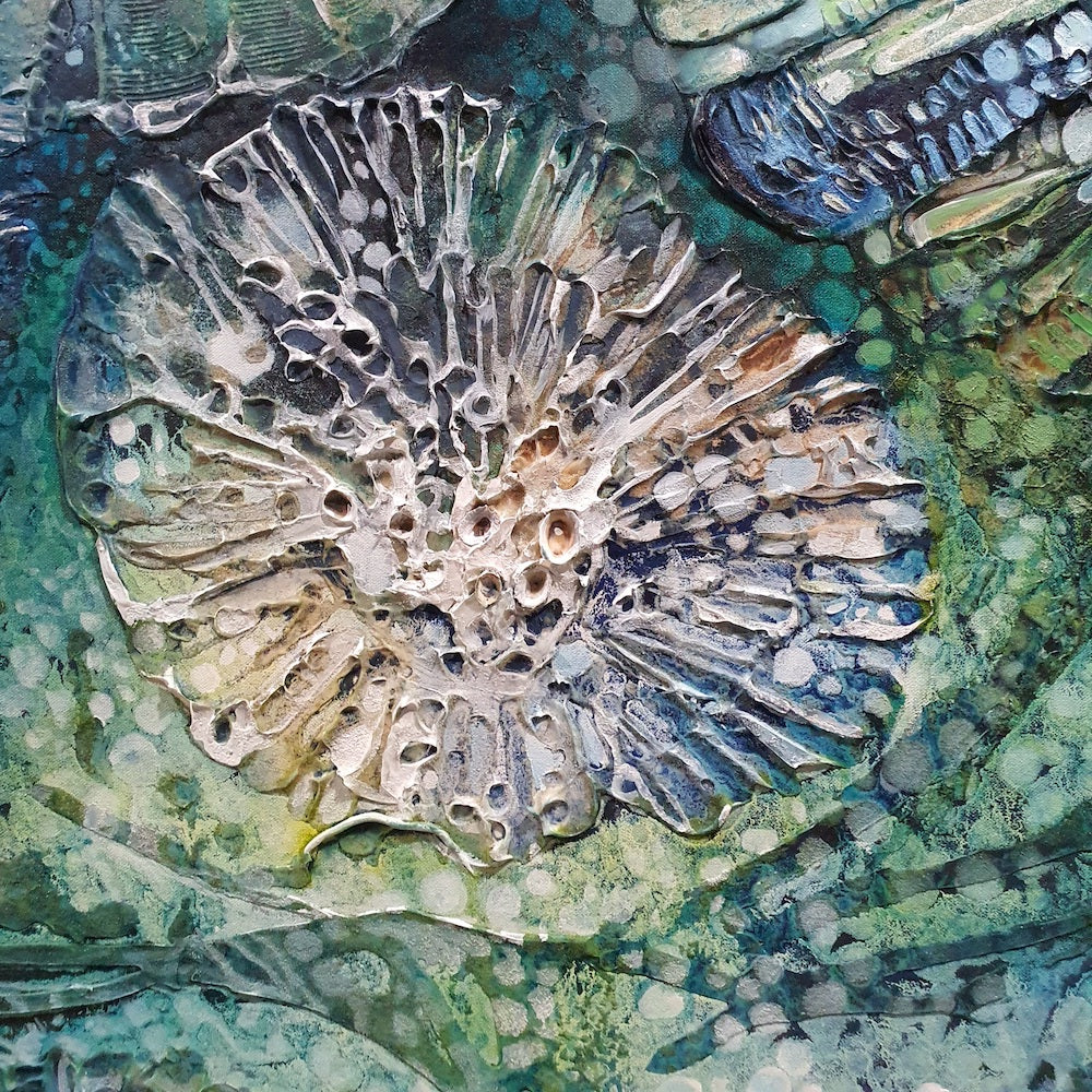 Underwater painting of a creatures in a rock pool in shades of blue, sapphire, aqua, green and turquoise.  Detail view.