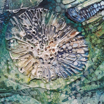Underwater painting of a creatures in a rock pool in shades of blue, sapphire, aqua, green and turquoise.  Detail view.