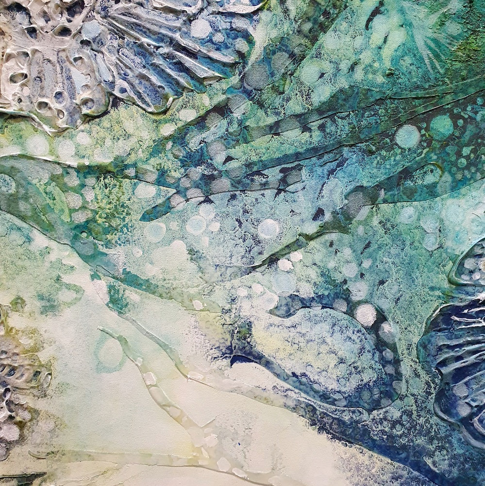 Underwater painting of a creatures in a rock pool in shades of blue, sapphire, aqua, green and turquoise. Detail view 2.