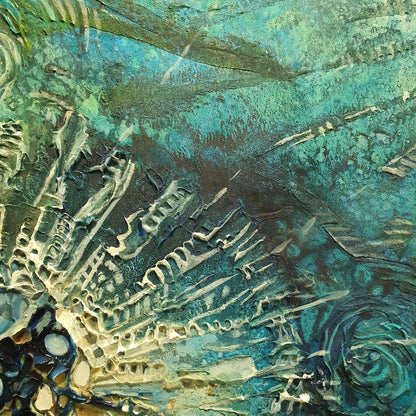 Underwater painting of a creatures in a rock pool in shades of blue, sapphire, aqua, green and turquoise. Detail view 3.