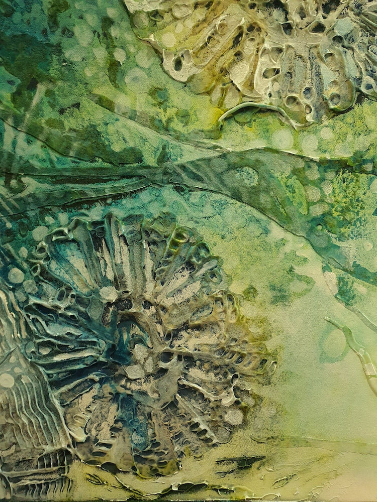Underwater painting of a creatures in a rock pool in shades of blue, sapphire, aqua, green and turquoise. Detail view 4.