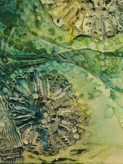 Underwater painting of a creatures in a rock pool in shades of blue, sapphire, aqua, green and turquoise. Detail view 4.