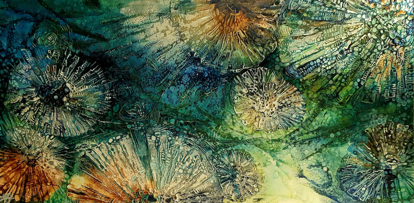 Underwater painting of a creatures in a rock pool in shades of blue, sapphire, aqua, green and turquoise.  Horizontal view.