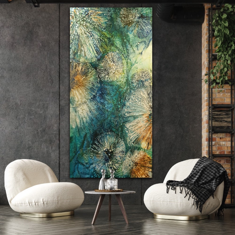 Underwater painting of a creatures in a rock pool in shades of blue, sapphire, aqua, green and turquoise. In situ on a dark grey wall.
