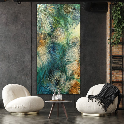 Underwater painting of a creatures in a rock pool in shades of blue, sapphire, aqua, green and turquoise. In situ on a dark grey wall.