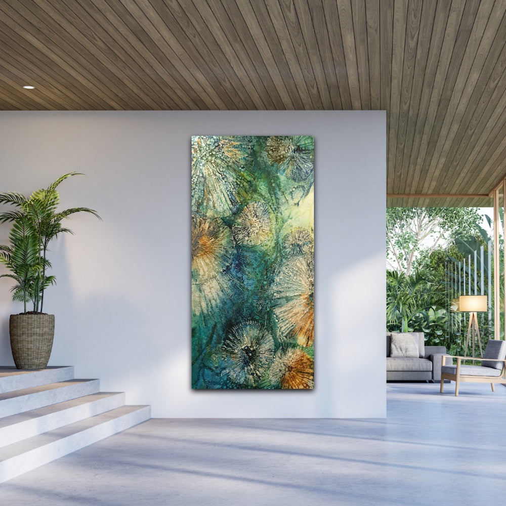 Underwater painting of a creatures in a rock pool in shades of blue, sapphire, aqua, green and turquoise.  In situ on a wall.