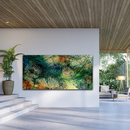 Underwater painting of a creatures in a rock pool in shades of blue, sapphire, aqua, green and turquoise.  In situ on a wall in horizontal position.