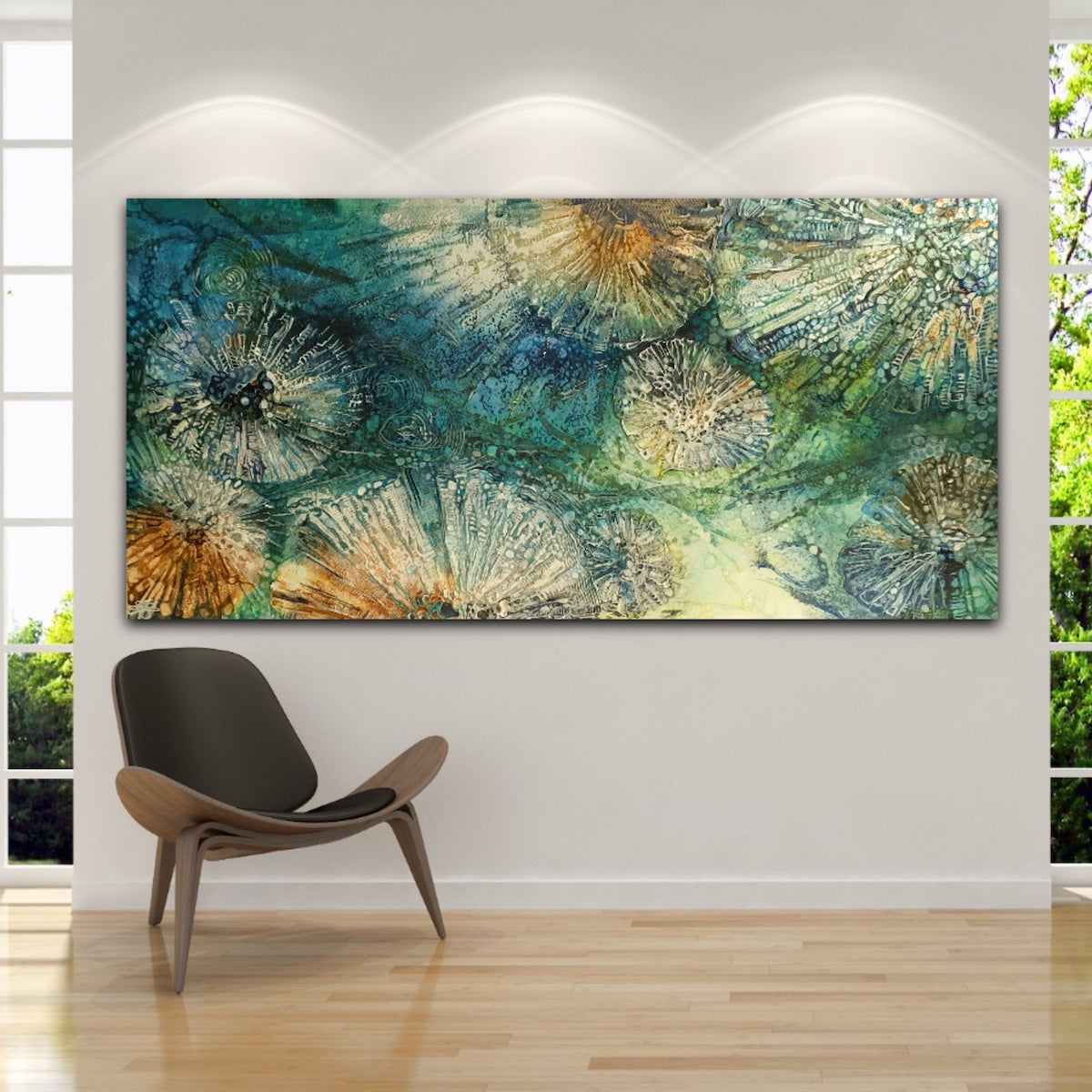 Underwater painting of a creatures in a rock pool in shades of blue, sapphire, aqua, green and turquoise.  In situ on a white wall.