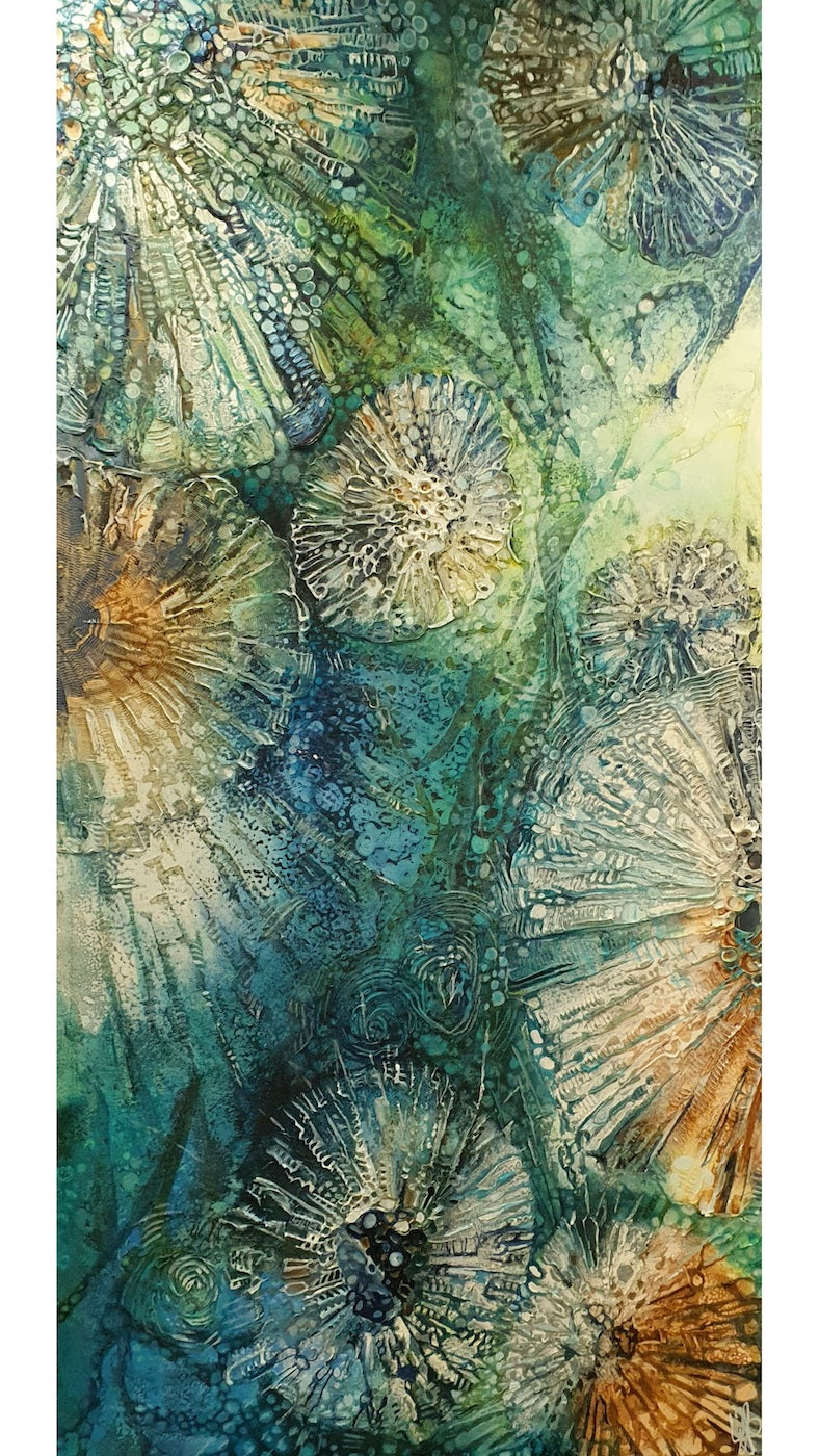 Underwater painting of a creatures in a rock pool in shades of blue, sapphire, aqua, green and turquoise.  Vertical view.