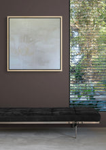 Load image into Gallery viewer, A white on white abstract painting. Within the painting are words and marks. Shown in situ on a taupe wall above a black chaise lounge.
