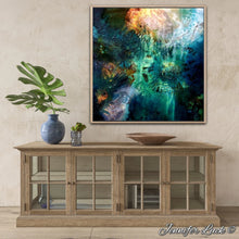 Load image into Gallery viewer, Multi-coloured painting of an ocean pool. Shown in situ above a timber sideboard.
