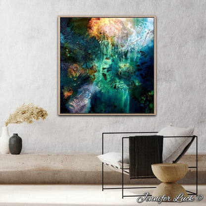 Multi-coloured painting of an ocean pool. Shown in situ on a pale grey wall.