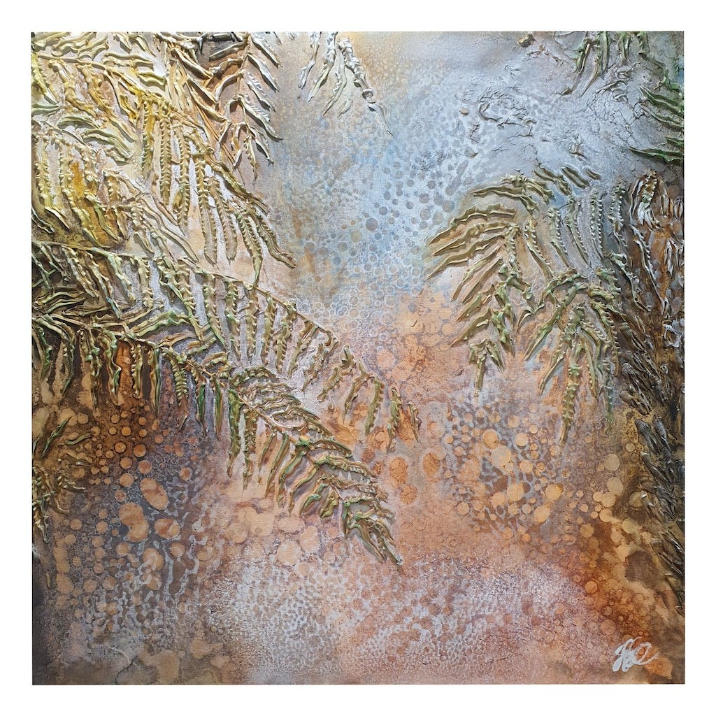 Sea grasses and rock pools in an oil painting