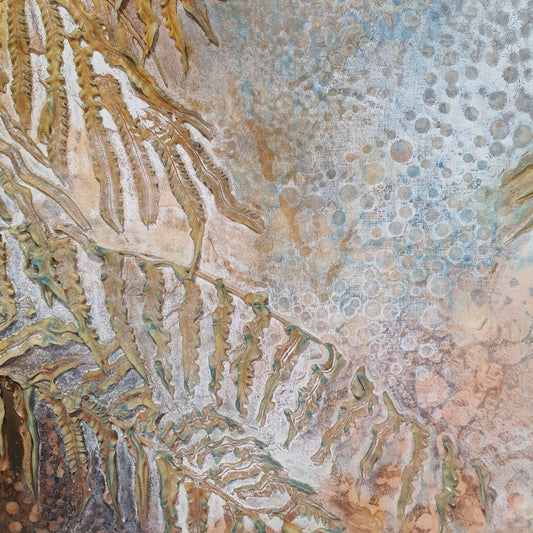 Sea grasses and rock pools in an oil painting. Detail view.