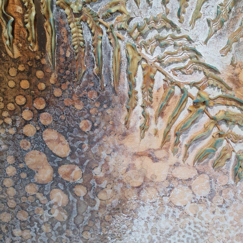 Sea grasses and rock pools in an oil painting. Shown in detail view.