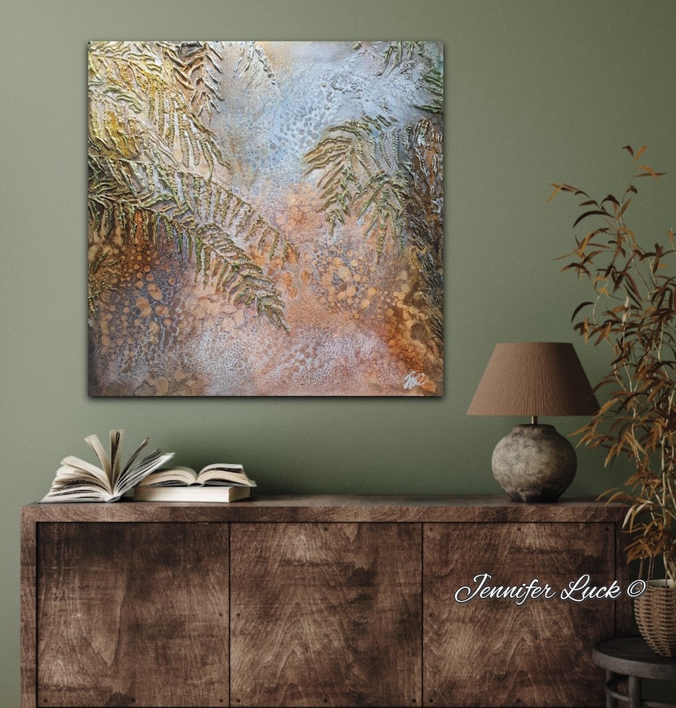 Sea grasses and rock pools in an oil painting. Shown on an olive wall.