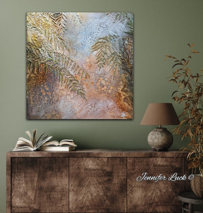 Sea grasses and rock pools in an oil painting. Shown on an olive wall.