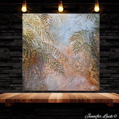 Sea grasses and rock pools in an oil painting. Shown in situ on a dark panelled wall.