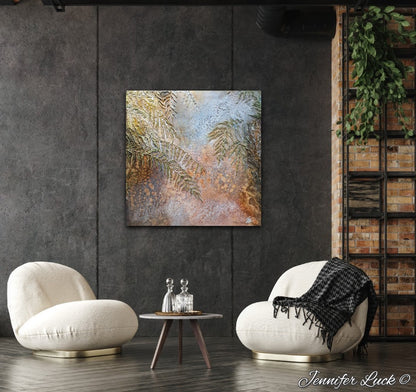 Sea grasses and rock pools in an oil painting. Shown on a dark grey wall.