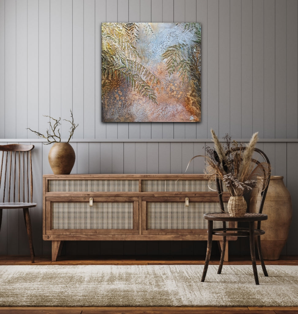 Sea grasses and rock pools in an oil painting. Shown on a grey panelled wall.
