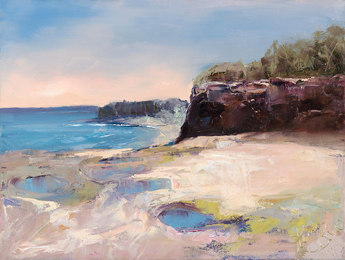 Ocean and rock pools in soft pastel colours with reddish brown cliffs.