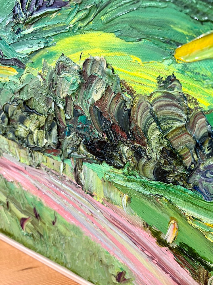 Abstract landscape of rolling green and yellow hills and a winding pink road.  Detail 2.