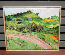 Load image into Gallery viewer, Abstract landscape of rolling green and yellow hills and a winding pink road.  Framed.
