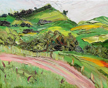 Load image into Gallery viewer, Abstract landscape of rolling green and yellow hills and a winding pink road. 
