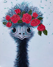 Load image into Gallery viewer, A quirky colourful painting of an emu with roses in her hair.
