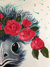 Load image into Gallery viewer, A quirky colourful painting of an emu with roses in her hair. Detail view.
